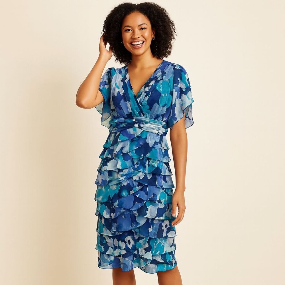 Adrianna Papell Blue Floral Layered Midi Dress